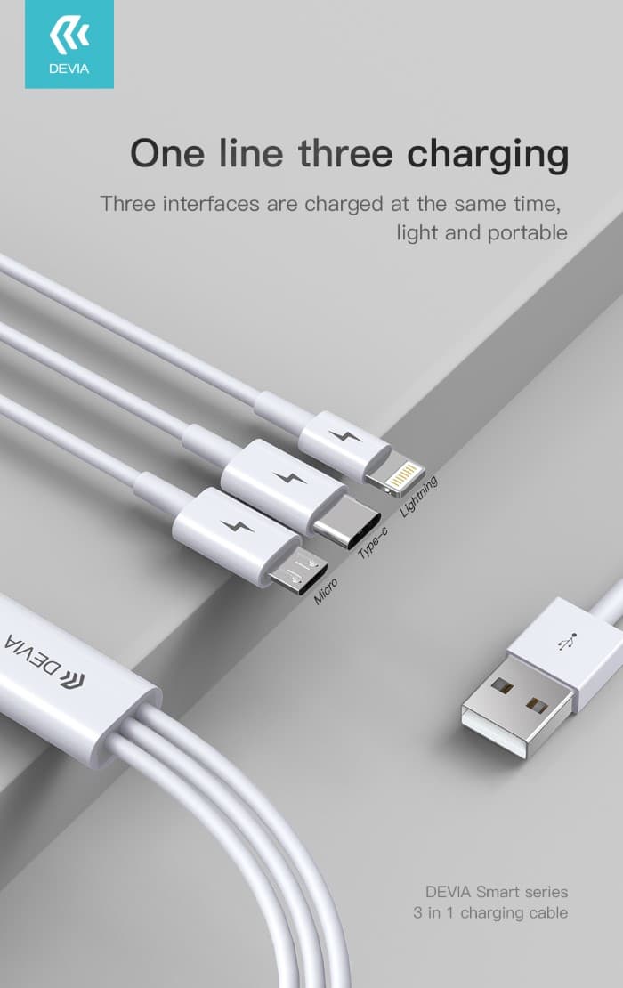 Devia CAVO DI Ricarica Smartphone 3 IN 1 DA USB A MICRO-USB/TYPE-C/LIGHTNING 1.2MT DECS31975W