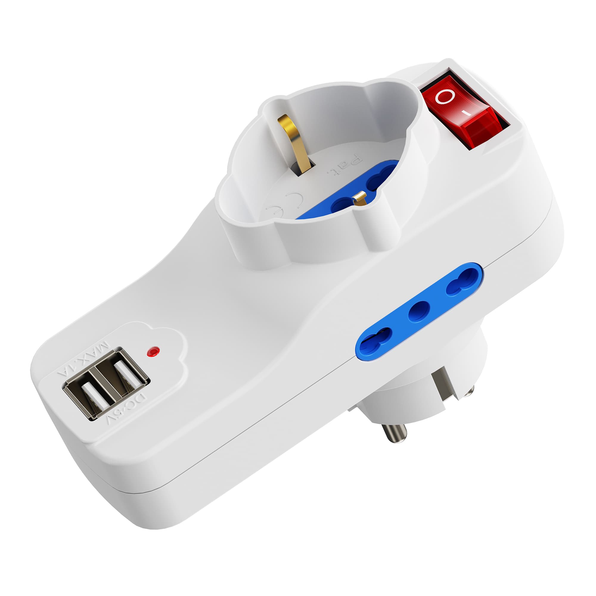 Ewent Adattatore Elettrico 3 Prese 2P USB-A Schuko 16A EW1194 - Immagine 1