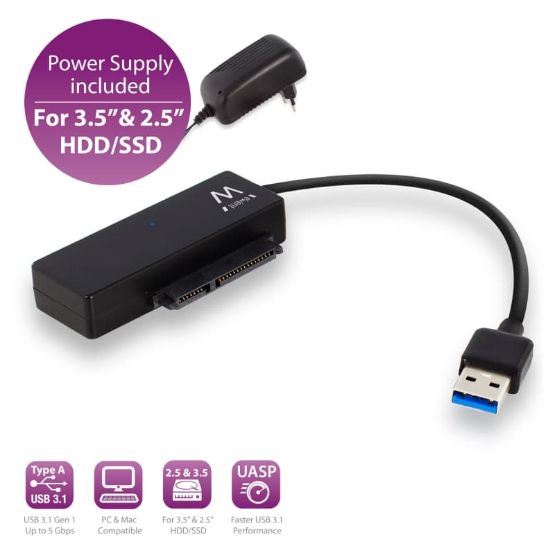 Ewent CAVO Adattatore DA USB 3.0 A SATA PER HDD/SSD 2,5" E 3,5" CON Alimentatore EW7018 - Immagine 1