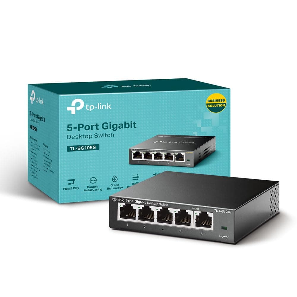 TP-Link TL-SG105S, 5 Port Gigabit Ethernet Network Switch, Ethernet Splitter, Hub, Desktop and Wall-Mounting, Sturdy Metal, Fanless, Plug and Play, Energy-Saving