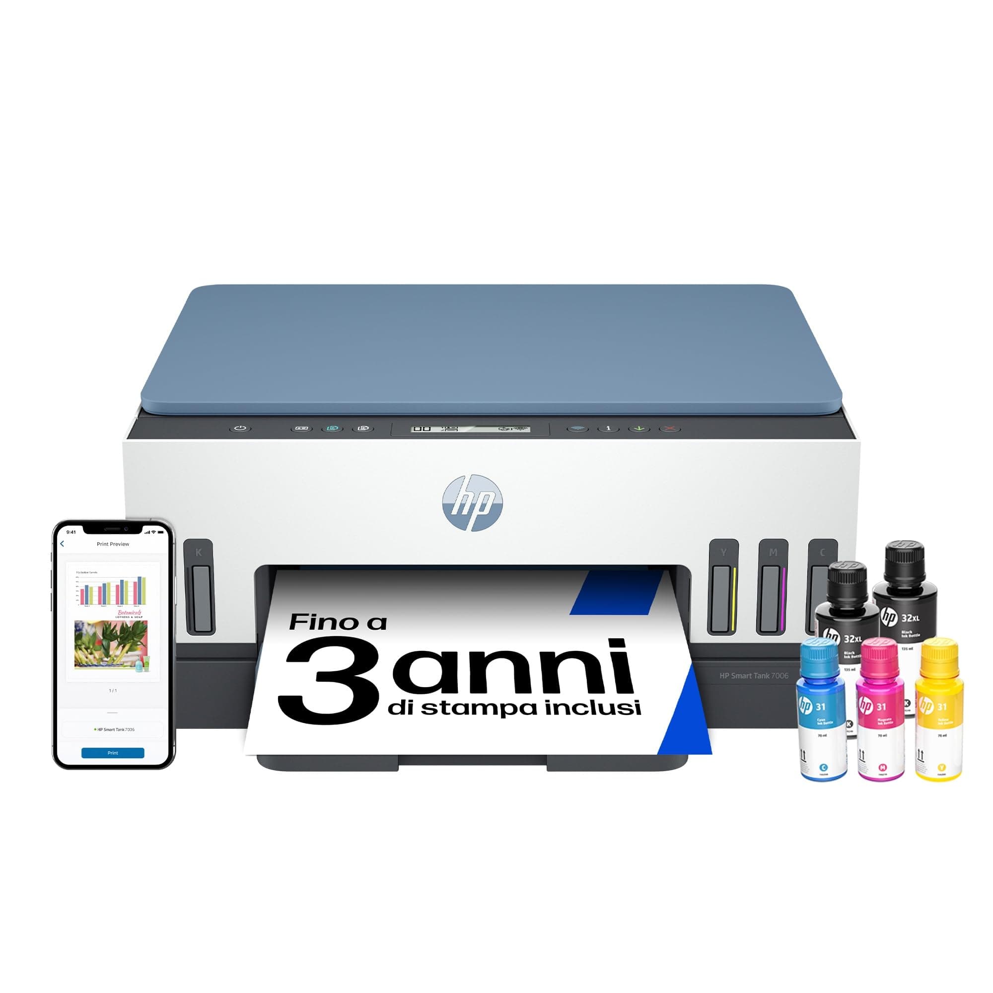 HP Smart Tank 7006 AiO 28B55A, Stampante Multifunzione a Colori, Serbatoio d'Inchiostro ad Alto Volume di Stampa, Fino a 12000 Pagine (Nero) e 8000 Pagine (Colore), F/R Automatica, Wi-Fi, Azzurra