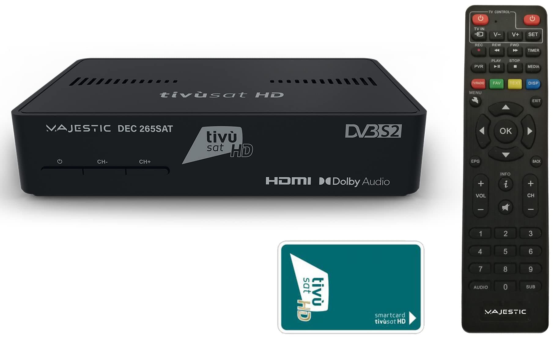 Majestic DEC 265 SAT - Decoder satellitare tivù sat, supporto HEVC MAIN 10, telecomando programmabile, smart card HD e ingresso USB