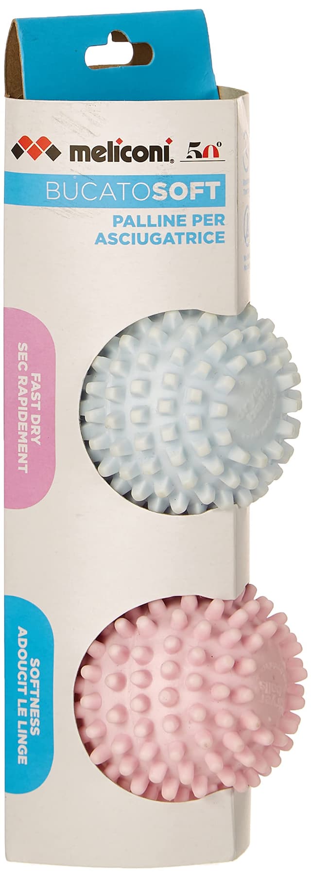 Meliconi Bucato Soft, Palline per Asciugatrice, Sfere per Ammorbidire e Ridurre Tempi di Asciugatura, Utilizzo Illimitato, 2 Palline, Rosa e Azzurro