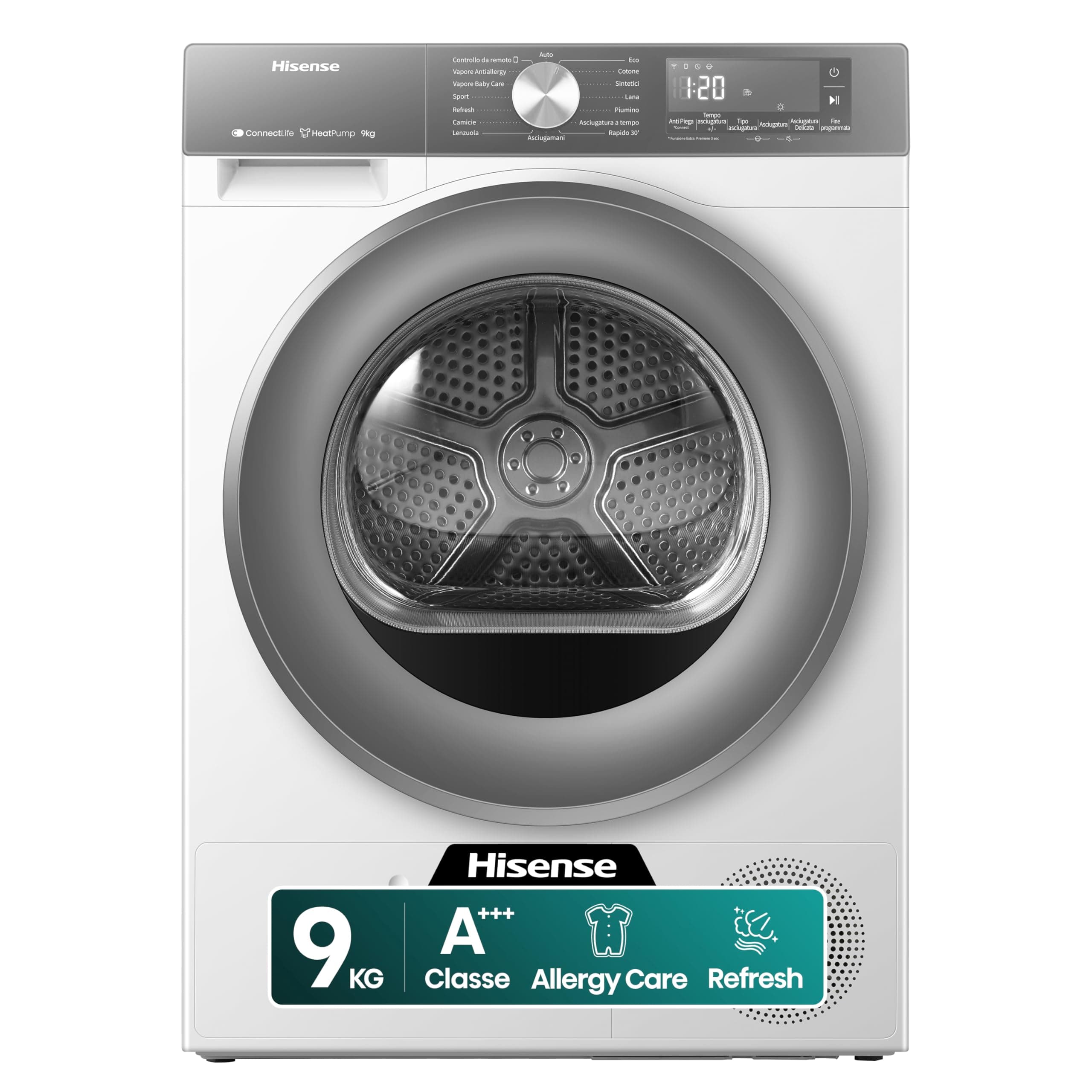 Hisense DH3S902BWCCA Asciugatrice a Pompa Di Calore, 9 Kg, A+++/C, Big Display, 16 programmi, Refresh, WiFi, Porta Reversibile, Bianco/Silver