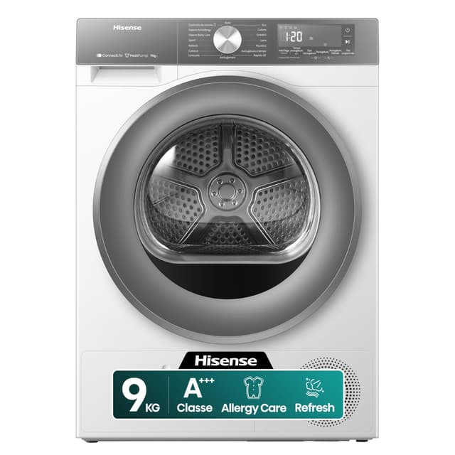 Hisense DH3S902BWCCA Asciugatrice a Pompa Di Calore, 9 Kg, A+++/C, Big Display, 16 programmi, Refresh, WiFi, Porta Reversibile, Bianco/Silver