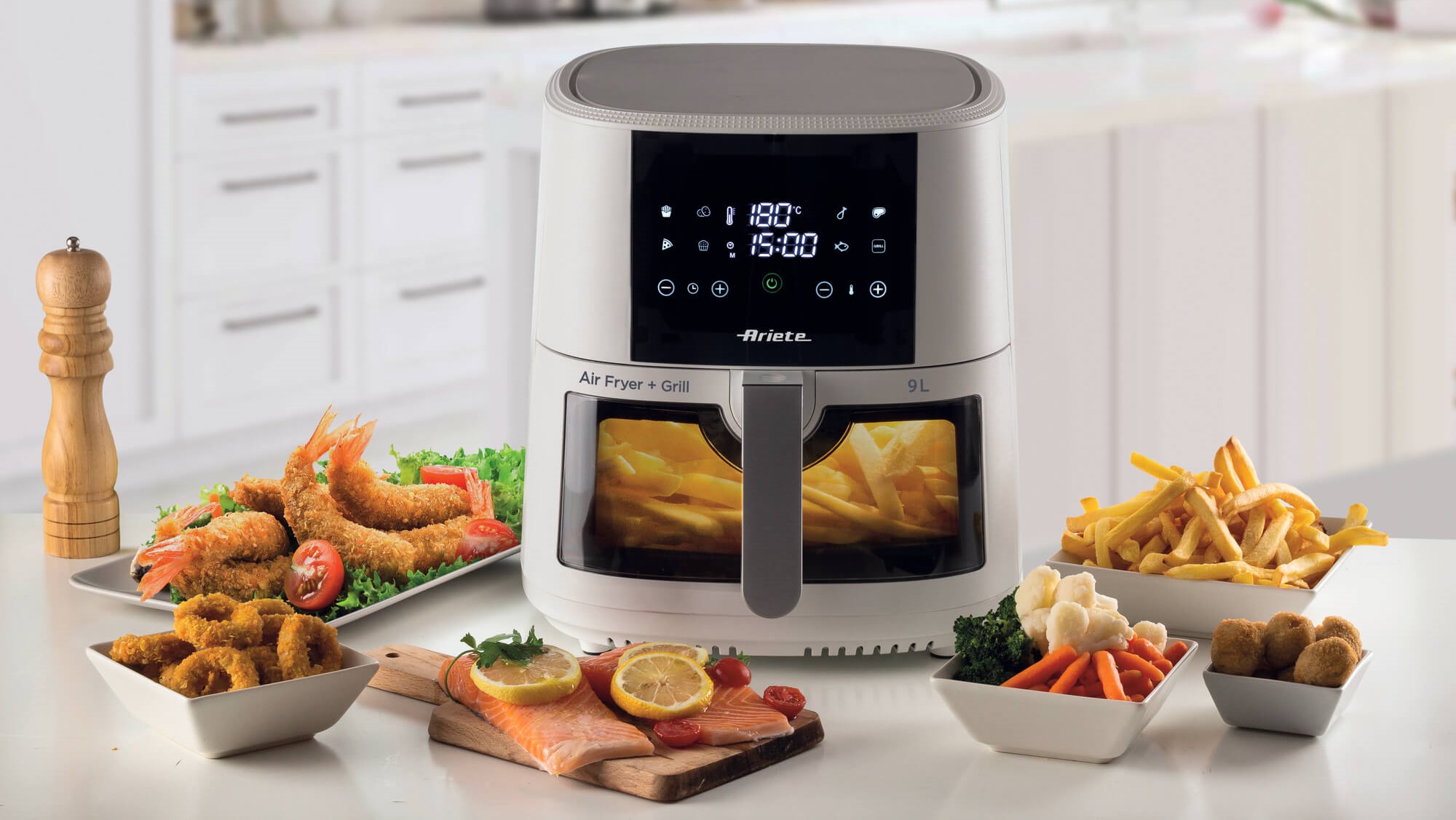 Ariete 4630 Friggitrice ad aria 9L, 1500 W, Capacità 9L, Capacità di cottura 2,5kg, 8 programmi preimpostati, Temperatura fino a 200°, Cestello trasparente per controllo cottura, Nero